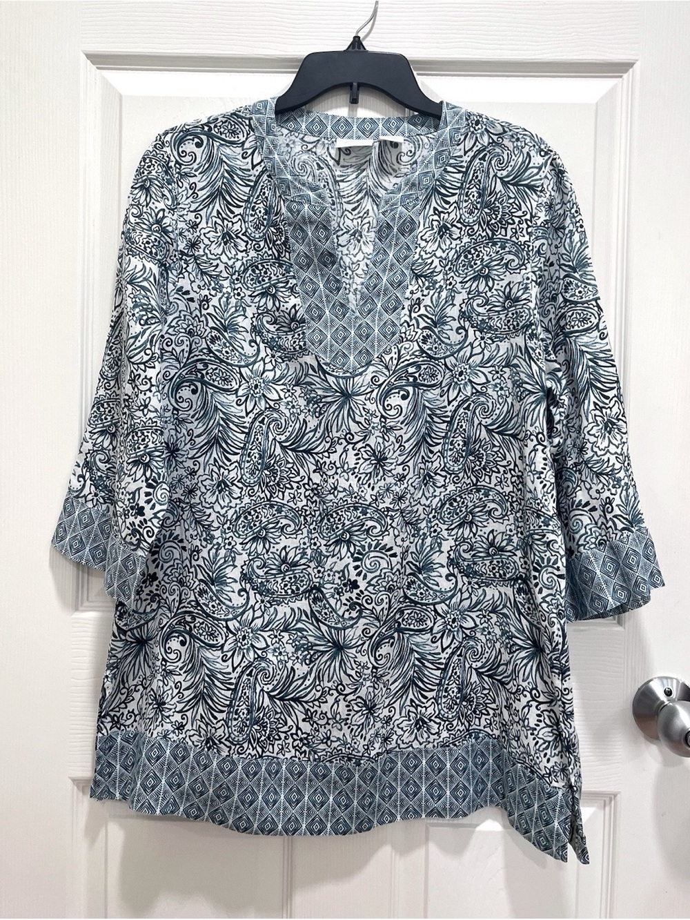 SIGRID OLSEN 100% Linen Boho Paisley Floral Tunic Top Blue Split Side